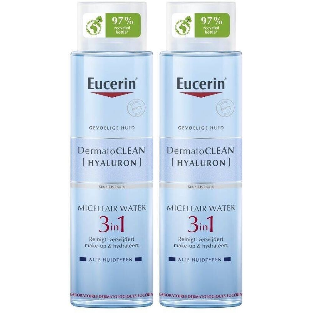 Zwei Flaschen Eucerin DermatoCLEAN Mizellen-Reinigungslotion. Aufschrift: 3in1, Hyaluron, für empfindliche Haut. 97% recycelt.