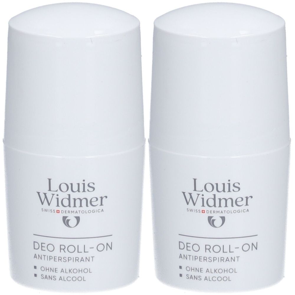 Zwei weiße Roll-On-Deodorants. Aufschrift: Louis Widmer, Deo Roll-On Antiperspirant, ohne Alkohol, sans alcool.