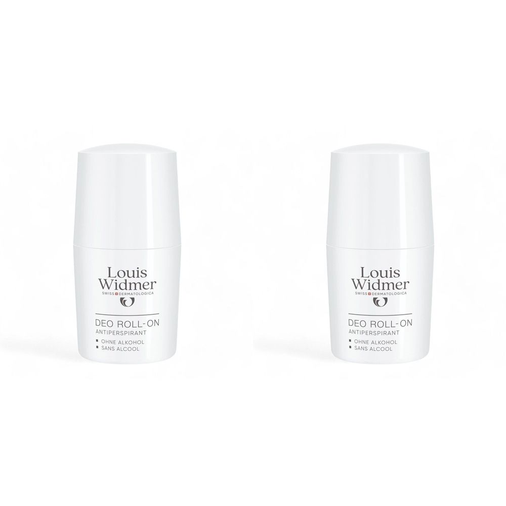 Deux flacons blancs de déodorant roll-on. Inscription: Louis Widmer, Deo Roll-On, sans alcool.