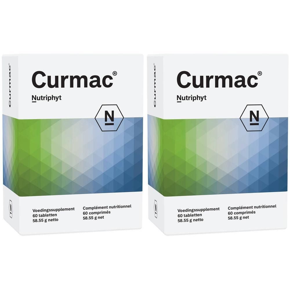 Zwei Schachteln Curmac Nutriphyt. Weiße Verpackung mit grün-blauen geometrischen Formen. Enthält 60 Tabletten.