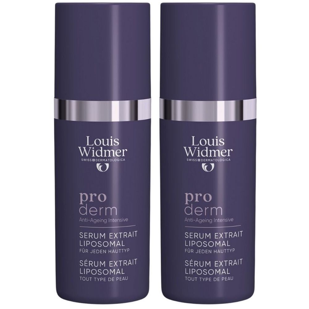 Deux flacons de sérum Louis Widmer Proderm. Flacons violets foncés avec des accents argentés et texte blanc. Inscription : Sérum Extrait Liposomal.
