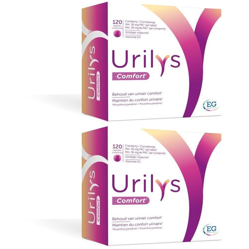 Zwei Packungen Urilys-Comfort. Weiße Schachteln mit lila und rosa Akzenten. Text: Urilys Comfort, Cranberry, Vitamin D3.