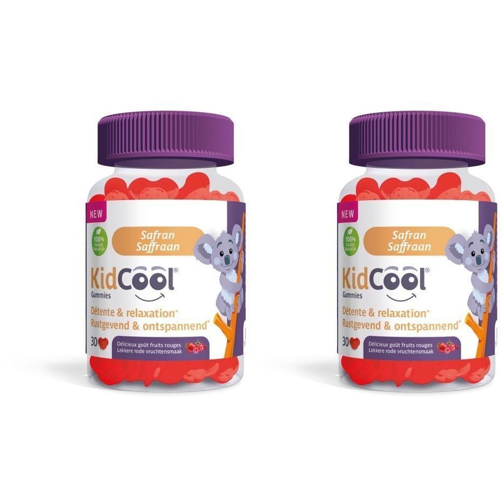 Zwei Flaschen KidCool Gummies. Aufschrift: Safran, 30 Stück. Lila Deckel, weißes Etikett mit Koala-Illustration. Rote Gummibärchen sichtbar.