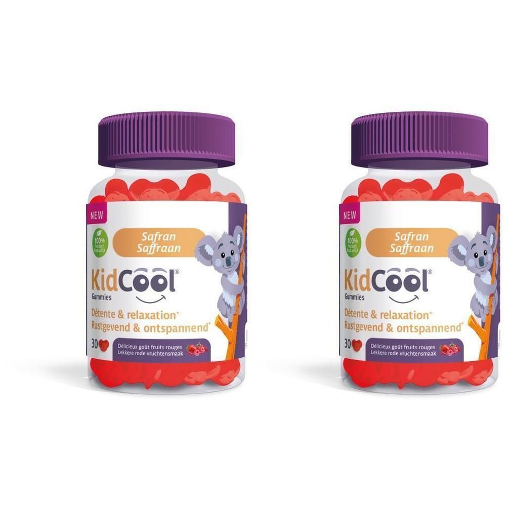 Zwei Flaschen KidCool Gummies mit lila Deckel. Aufschrift: Safran, 30 Gummies. Abbildung eines Koalas.