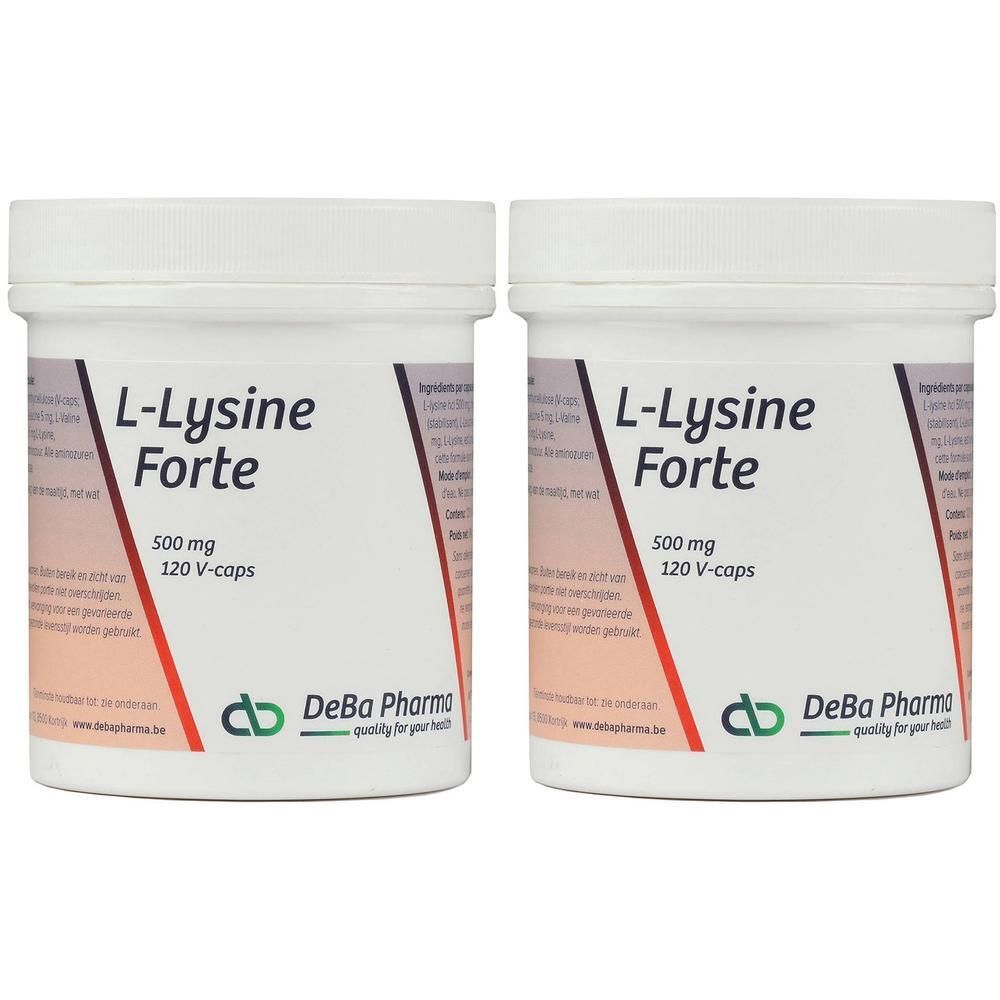 Zwei weiße Behälter mit Aufschrift L-Lysine Forte, 500 mg, 120 V-caps. DeBa Pharma Logo.
