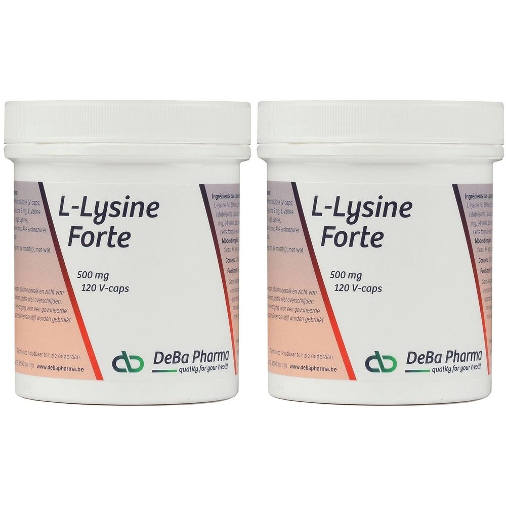 Deux boîtes blanches avec inscription L-Lysine Forte, 500 mg, 120 V-caps. Logo DeBa Pharma.
