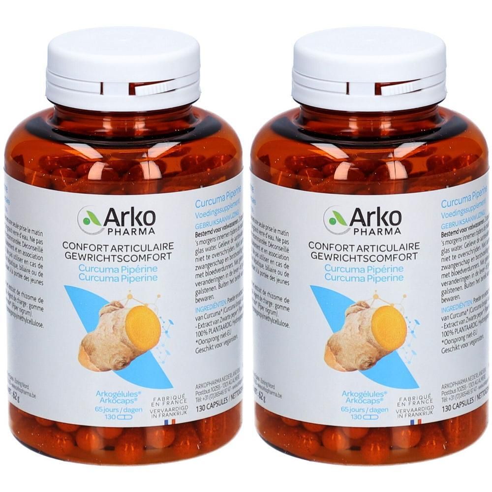 Zwei braune Flaschen mit weißen Deckeln. Aufschrift: Arkopharma, Curcuma Piperin. Abbildung einer Ingwerwurzel. Kapseln sichtbar.