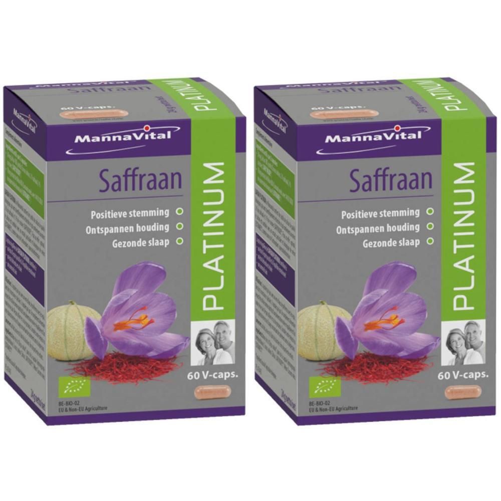Zwei Schachteln MannaVital Safran. Aufschrift: Platinum. Abbildung von Safranblüten und -fäden. Text: Positive Stimmung, Entspannte Haltung, Gesunder Schlaf.
