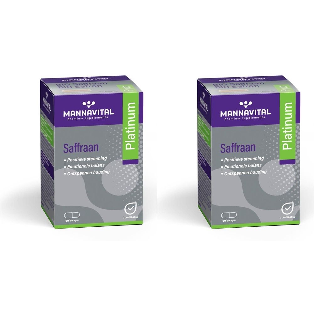 Deux boîtes MannaVital Safran. Inscription : Platinum. Texte : Humeur positive, Équilibre émotionnel, Détente. Illustration de gélules.