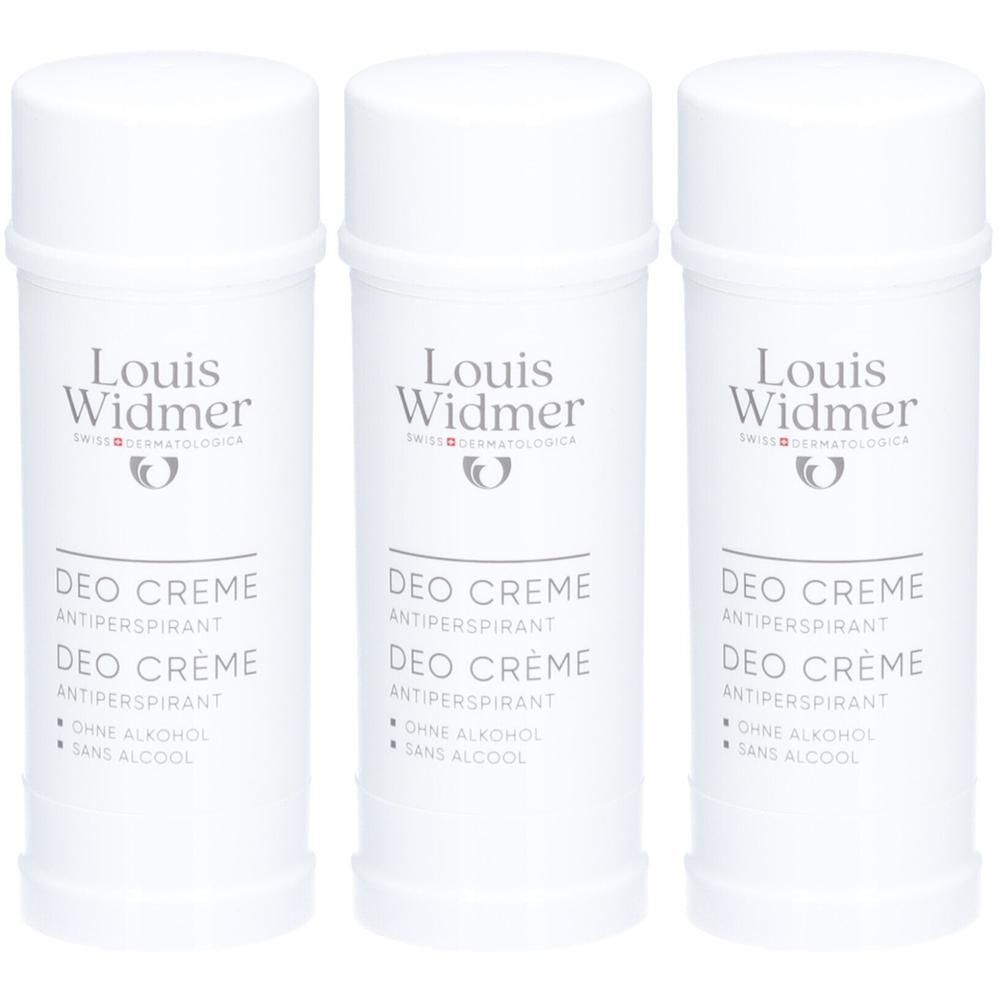 Drei weiße Louis Widmer Deo Creme Antitranspirant-Stifte. Aufschrift: Ohne Alkohol. Zylindrische Form mit Deckel.