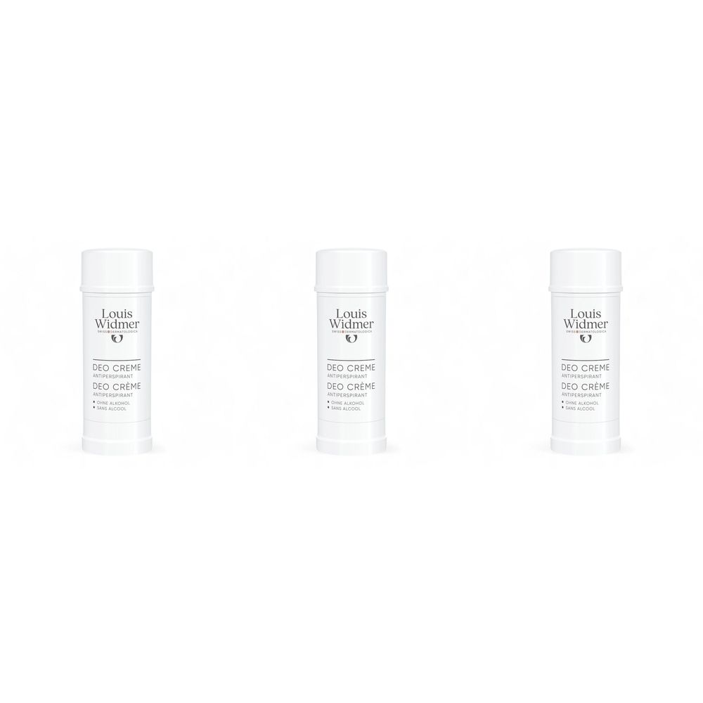 Trois sticks blancs Louis Widmer Deo Creme Antitranspirant. Inscription: Sans alcool. Forme cylindrique avec couvercle.