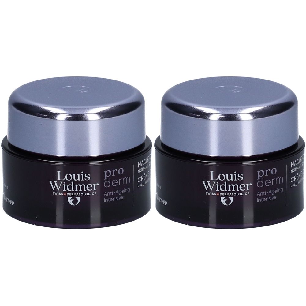 Zwei Tiegel Louis Widmer Proderm Anti-Ageing Nachtcreme. Schwarze Gläser, silberne Deckel. Beschriftung: Proderm, Anti-Ageing intensive.