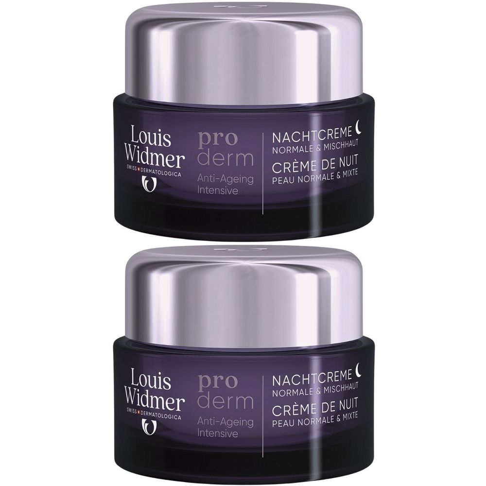 Deux pots de crème de nuit Louis Widmer Proderm. Pots noirs, couvercles argentés. Inscription : Proderm, Anti-Âge intensive, Crème de nuit.