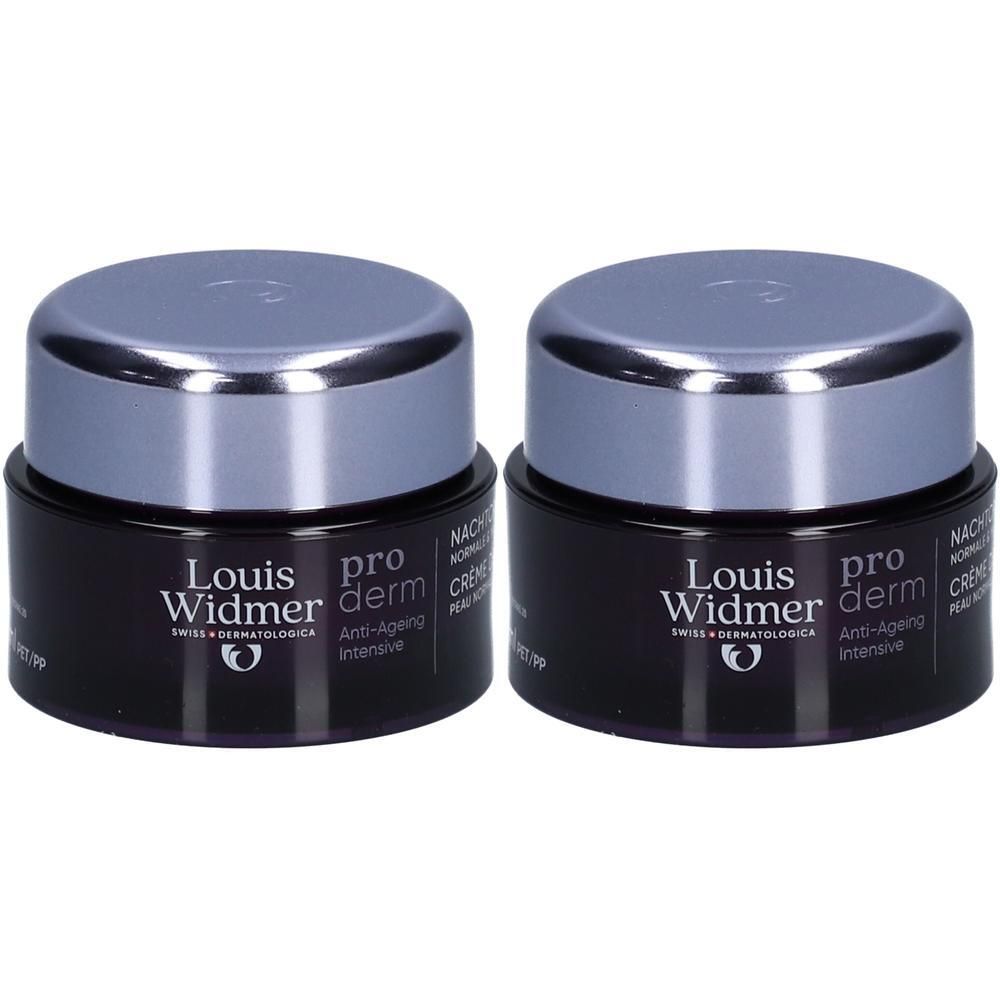 Zwei Tiegel Louis Widmer Proderm Anti-Ageing Nachtcreme. Schwarze Gläser mit silbernen Deckeln. Text: Anti-Ageing Intensive.