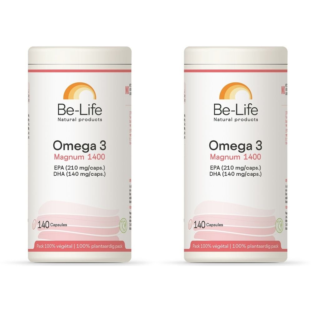 Deux boîtes blanches de Be-Life Omega 3 Magnum 1400. Inscription: Omega 3, 1400, EPA 210 mg, DHA 140 mg, 140 capsules. Logo: soleil.