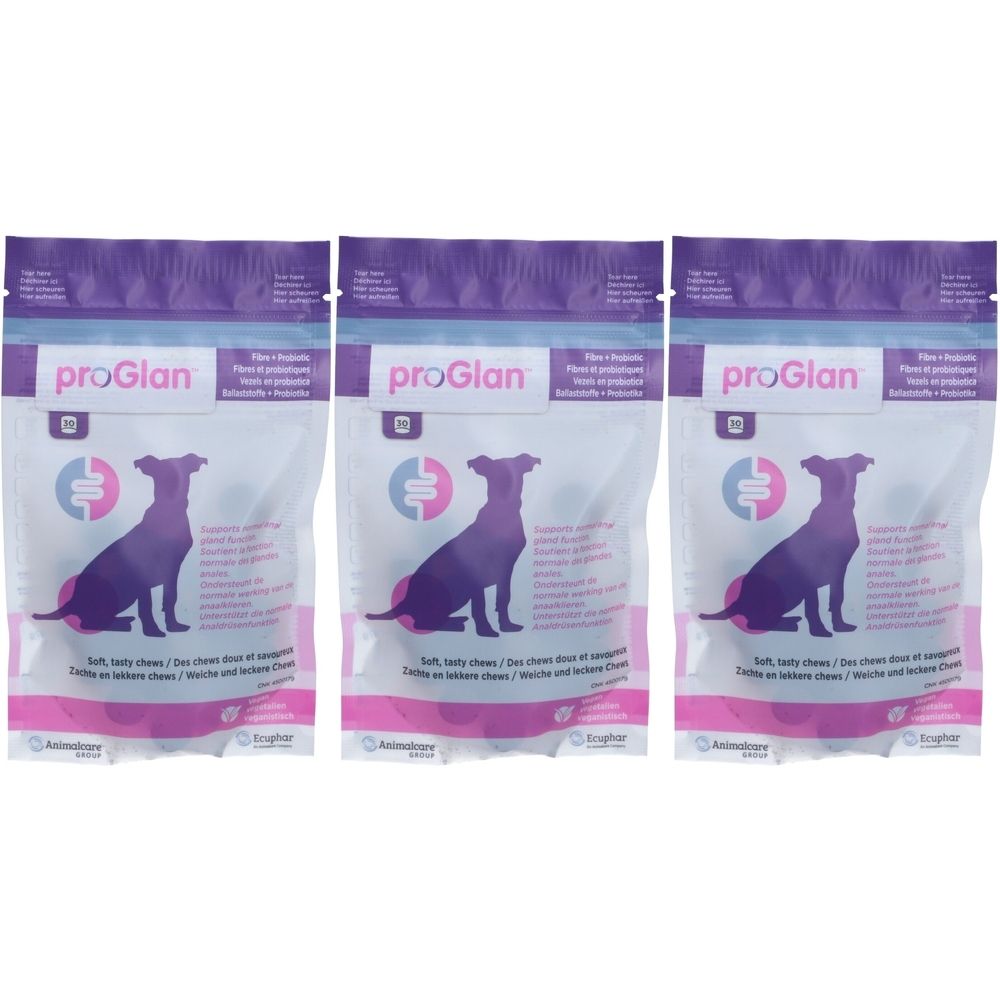 Trois sachets de proGlan Chews pour chiens. Emballage transparent avec accents violets et roses. Silhouette de chien.