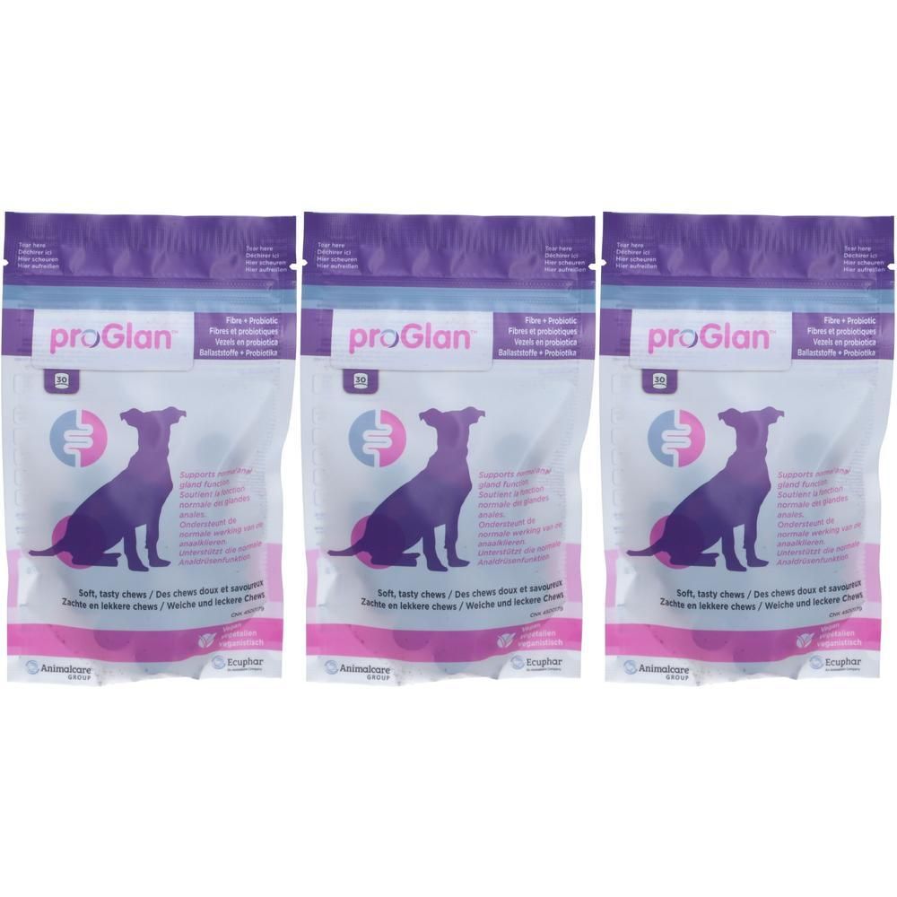 Drei Beutel proGlan Chews für Hunde. Transparente Verpackung mit lila und rosa Akzenten. Hundesilhouette.