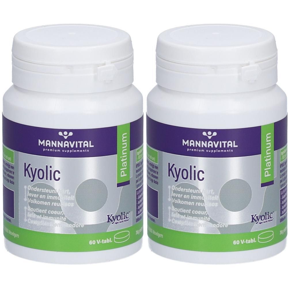 Zwei weiße Flaschen MannaVital Kyolic, mit lila und grünen Etiketten. Aufschrift: Platinum, Kyolic, 60 V-tabl.