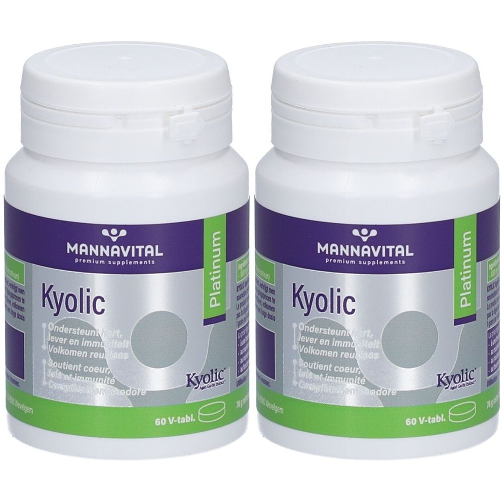 Deux flacons blancs MannaVital Kyolic, étiquettes violettes et vertes. Inscription : Platinum, Kyolic, 60 V-tabl.