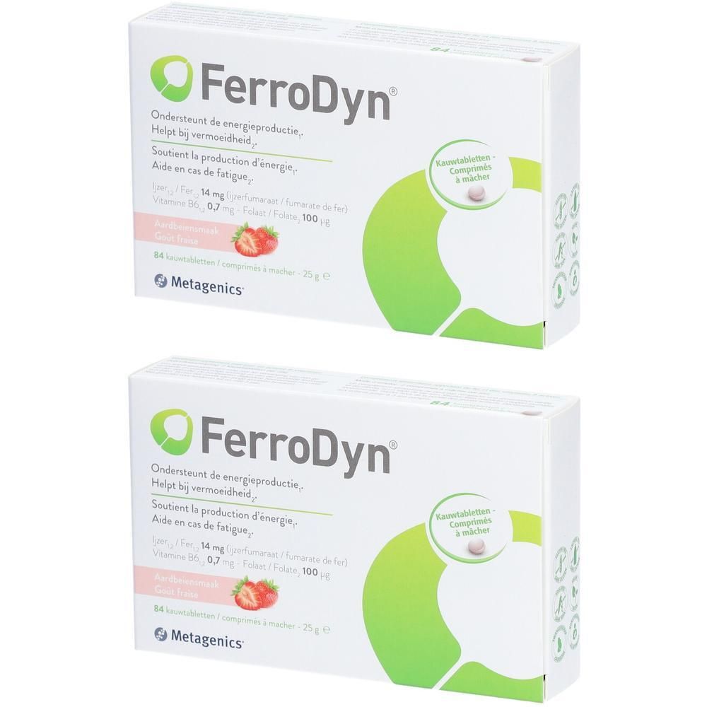 Zwei Kartons Ferrodyn mit Erdbeergeschmack. Aufschrift: Metagenics, 84 Kautabletten. Grüner Kreis mit weißem Text.