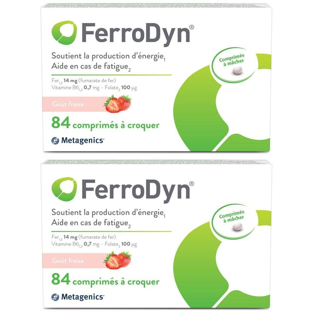 Deux boîtes de Ferrodyn goût fraise. Inscription: Metagenics, 84 comprimés à croquer. Cercle vert avec texte blanc.