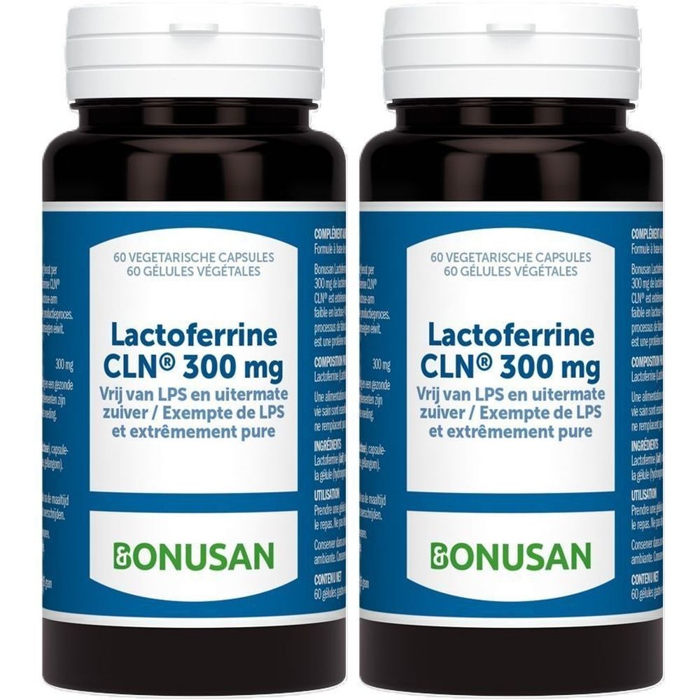 Zwei Flaschen Bonusan Lactoferrine CLN® 300 mg. Braune Flaschen mit weißem Deckel und blauem Etikett. Text: 60 Kapseln.