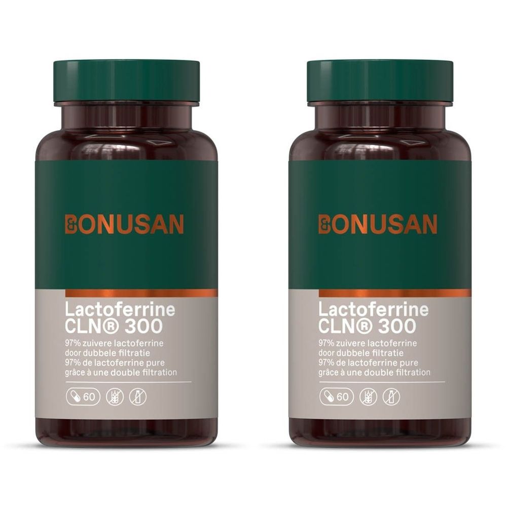 Deux flacons de Bonusan Lactoferrine CLN® 300. Flacons bruns, bouchon vert et étiquette. Texte: 60 gélules.