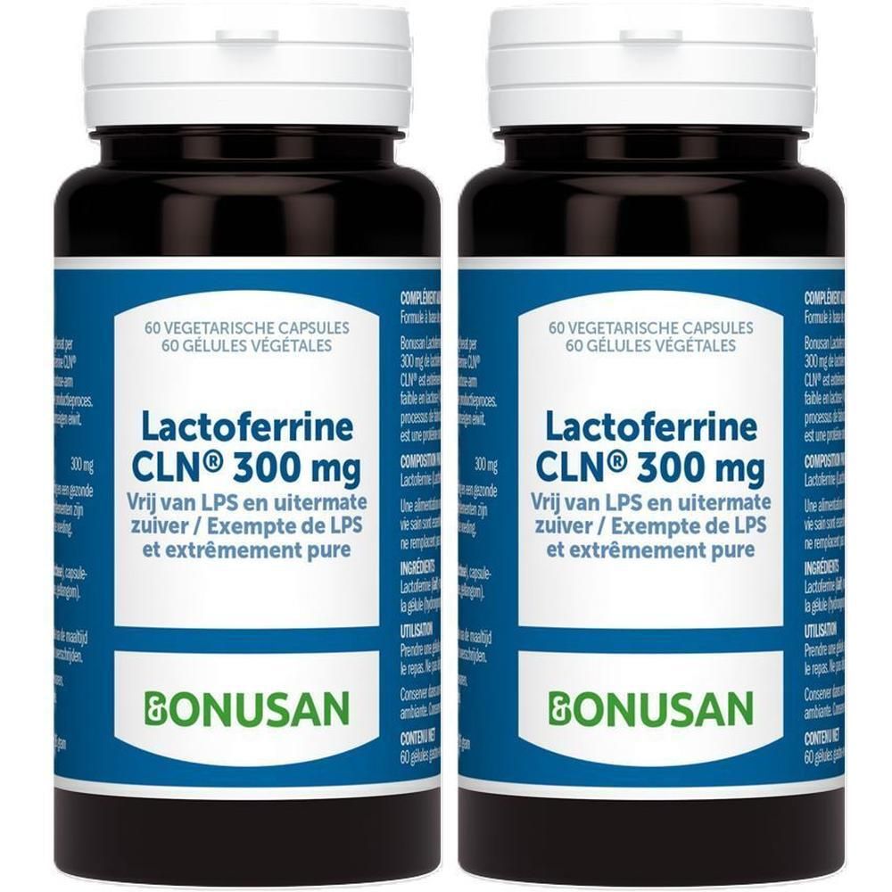 Zwei Flaschen Bonusan Laktoferrin CLN® 300 mg. Blaue Etiketten, weiße Deckel. Text: Laktoferrine CLN® 300 mg, Bonusan.