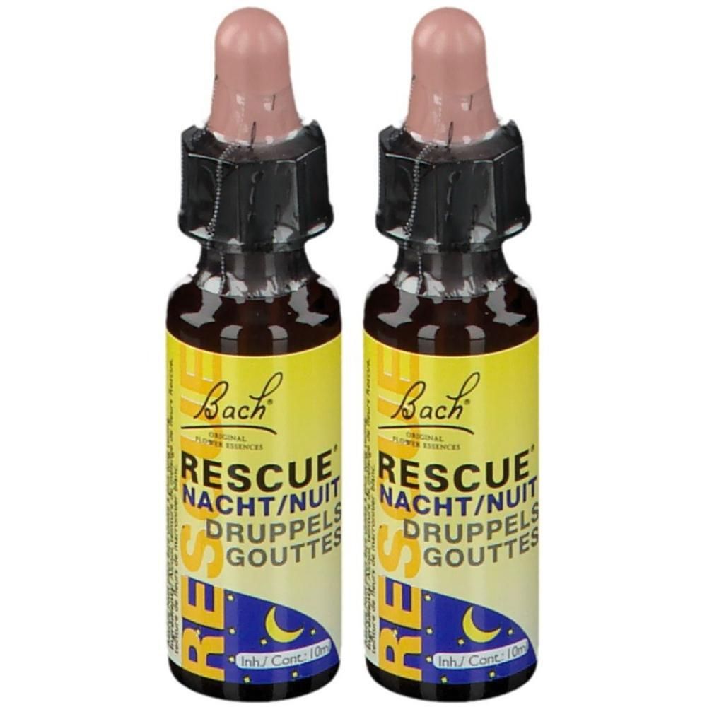 Zwei Flaschen RESCUE NIGHT® Tropfen. Gelbes Etikett mit Produktnamen und Mond-Symbol. Tropferaufsatz.