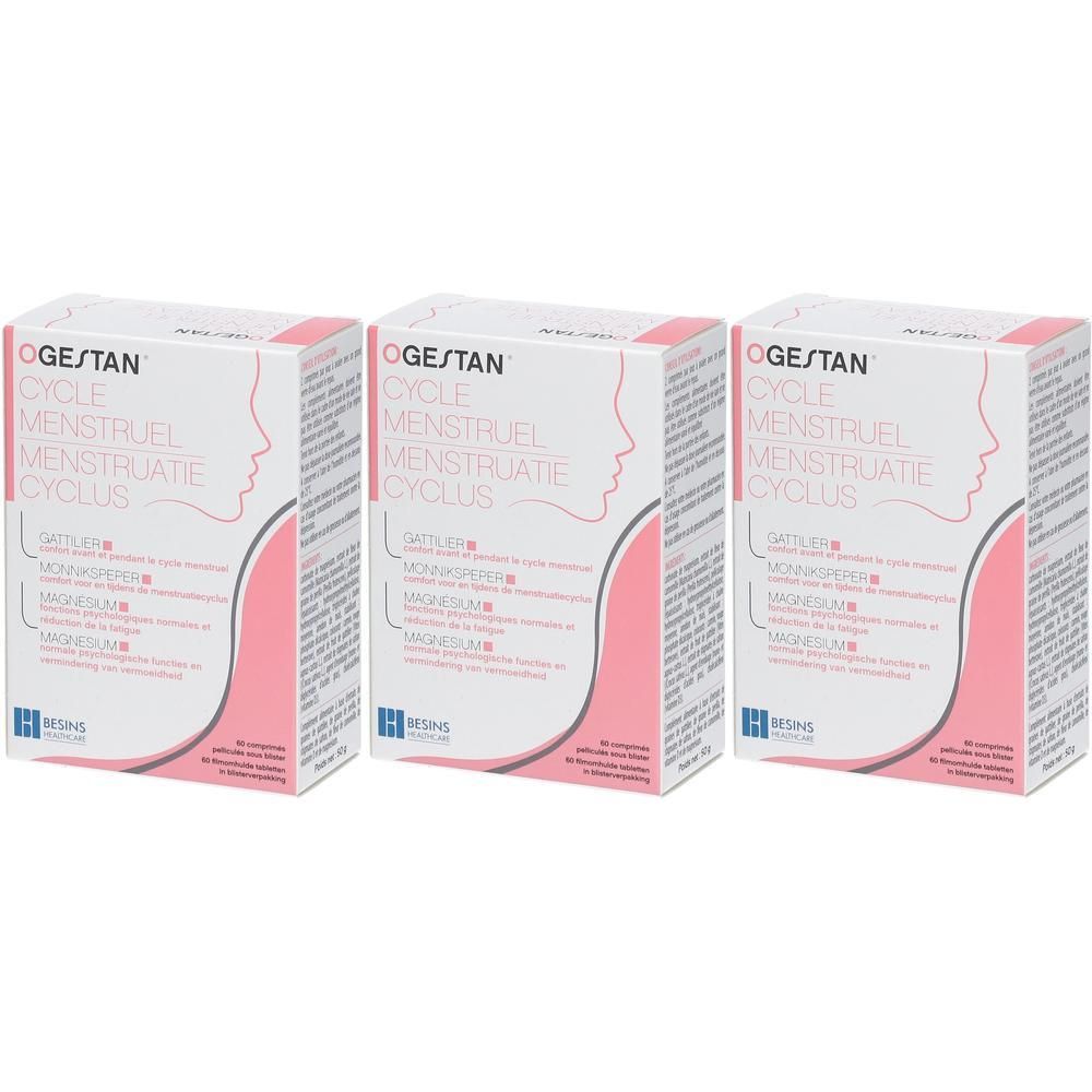 Drei Schachteln Ogestan Menstruationszyklus. Weiße Verpackung mit rosa Akzenten und Produktinformationen. Seitliches Profil einer Frau.