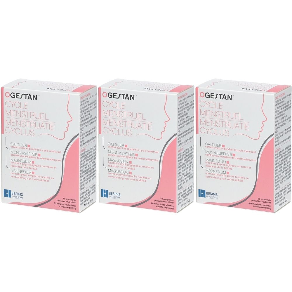 Trois boîtes Ogestan Cycle Menstruel. Emballage blanc avec accents roses et informations produit. Profil féminin.