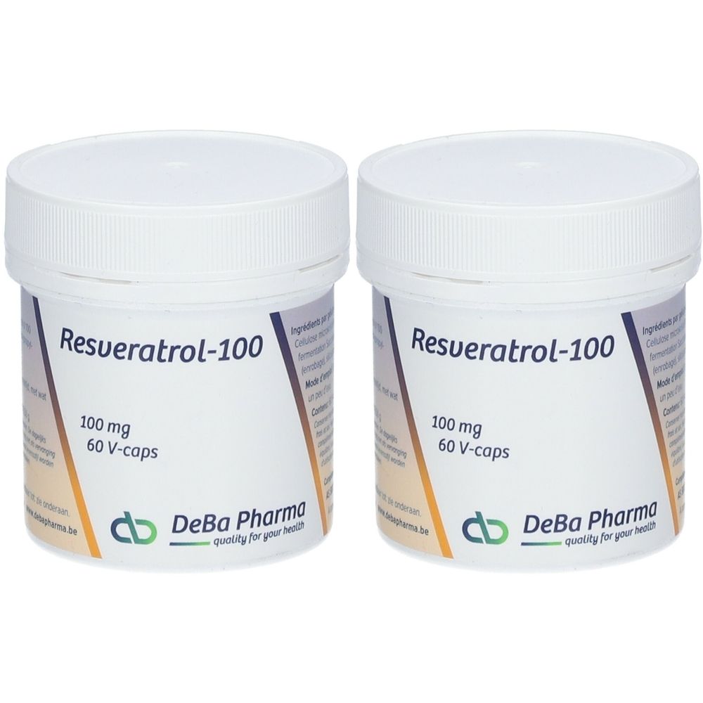 Zwei weiße Behälter mit Deckel. Aufschrift: Resveratrol-100, 100 mg, 60 V-caps. Logo und Schriftzug: DeBa Pharma, quality for your health.