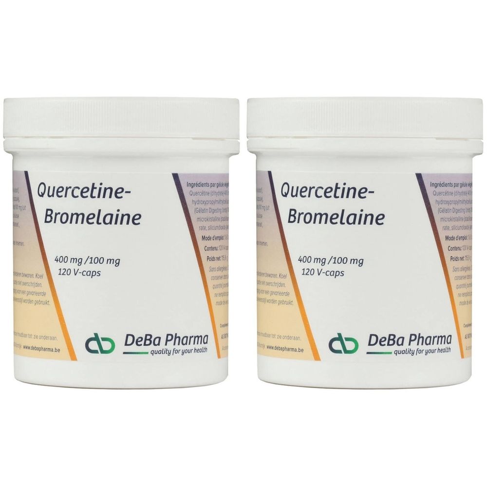 Deux pots blancs avec l'inscription Quercetine-Bromelaine, 400 mg/100 mg, 120 V-caps. Logo DeBa Pharma.