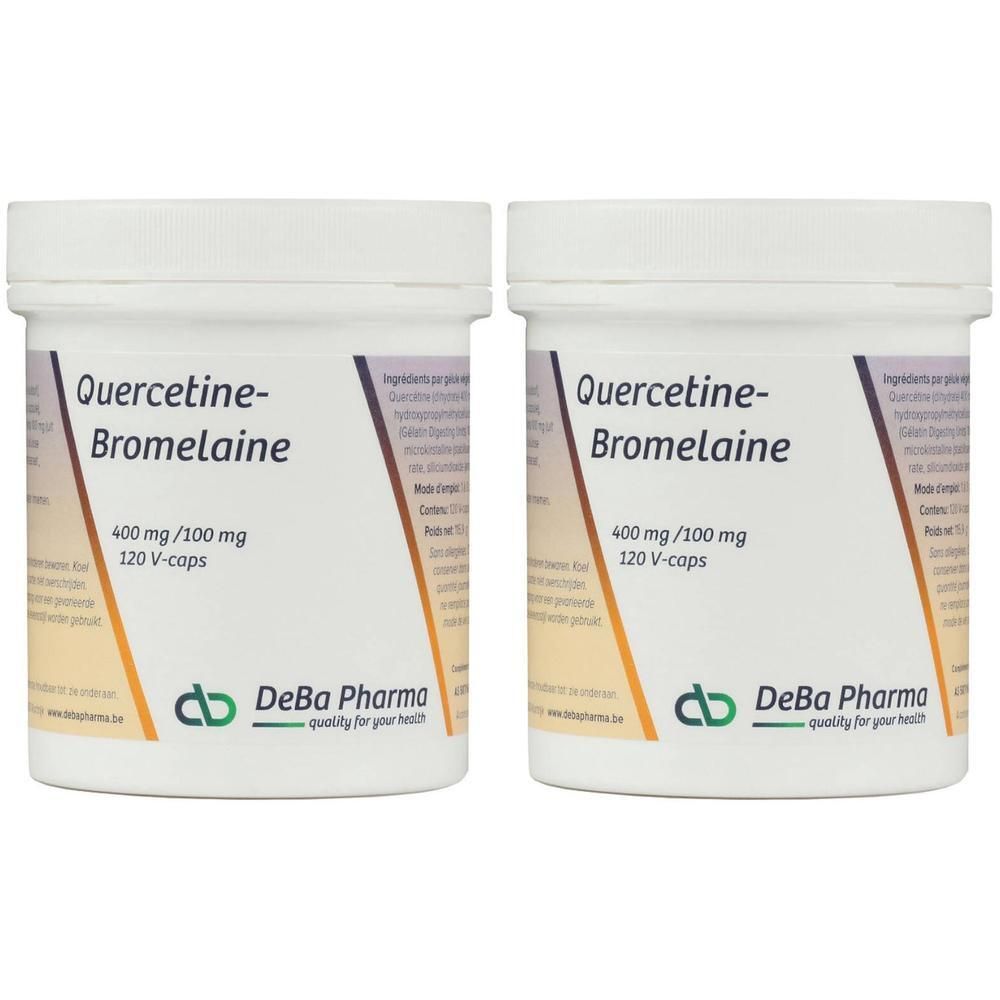 Zwei weiße Behälter mit Aufschrift Quercetine-Bromelaine, 400 mg/100 mg, 120 V-caps. DeBa Pharma Logo.
