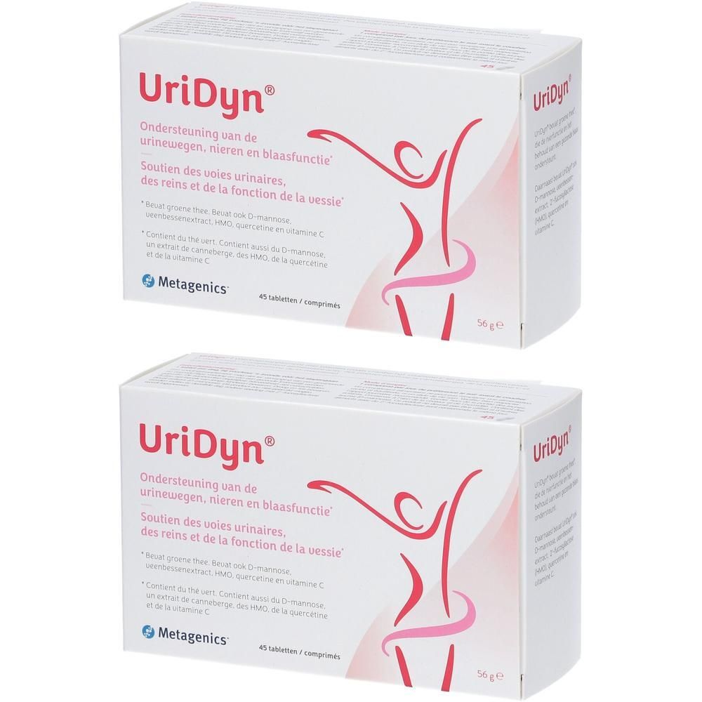 Zwei weiße Schachteln UriDyn®. Aufdruck in mehreren Sprachen. Logo Metagenics®. Darstellung einer Person in rosa.