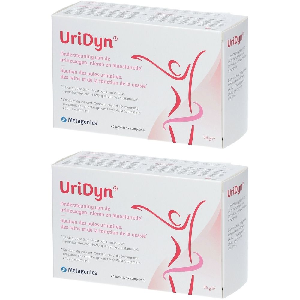 Deux boîtes blanches UriDyn®. Inscriptions multilingues. Logo Metagenics®. Silhouette rose d'une personne.