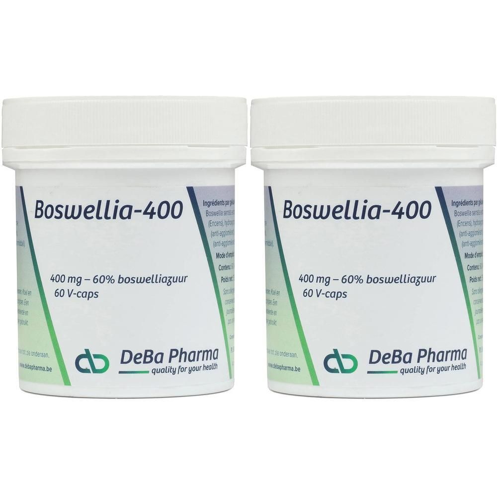 Zwei weiße Behälter mit Deckel. Aufschrift: Boswellia-400, 400 mg - 60% boswelliazuur, 60 V-caps. DeBa Pharma Logo.
