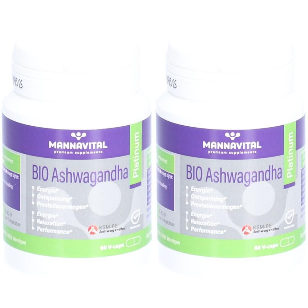 Zwei weiße Flaschen mit lila Etikett. Aufschrift: MannaVital BIO Ashwagandha Platinum. Kapseln.