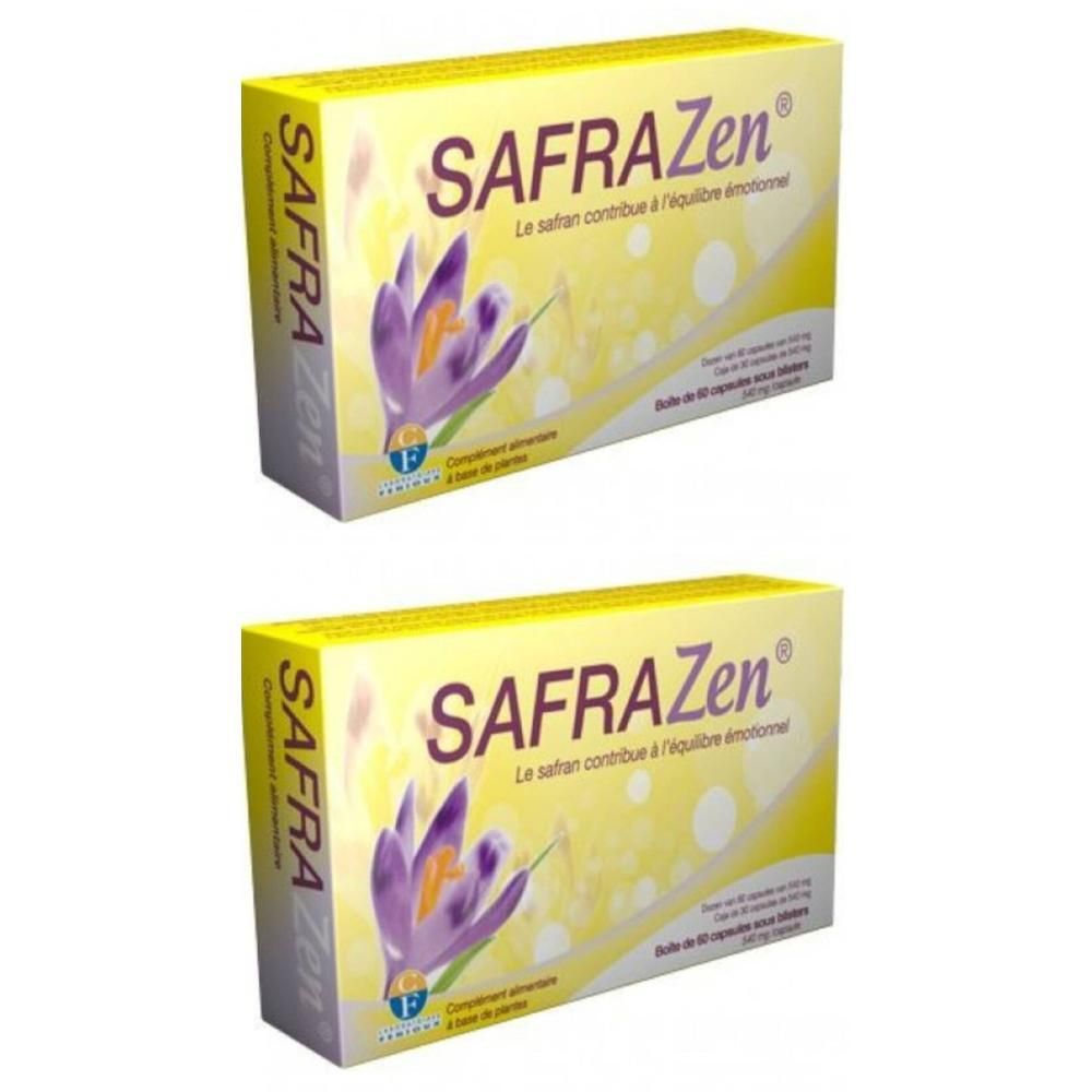 Zwei gelbe Schachteln mit SAFRAZen-Logo, Safran-Illustration und Text. Aufschrift: Le safran contribue à l'équilibre émotionnel.