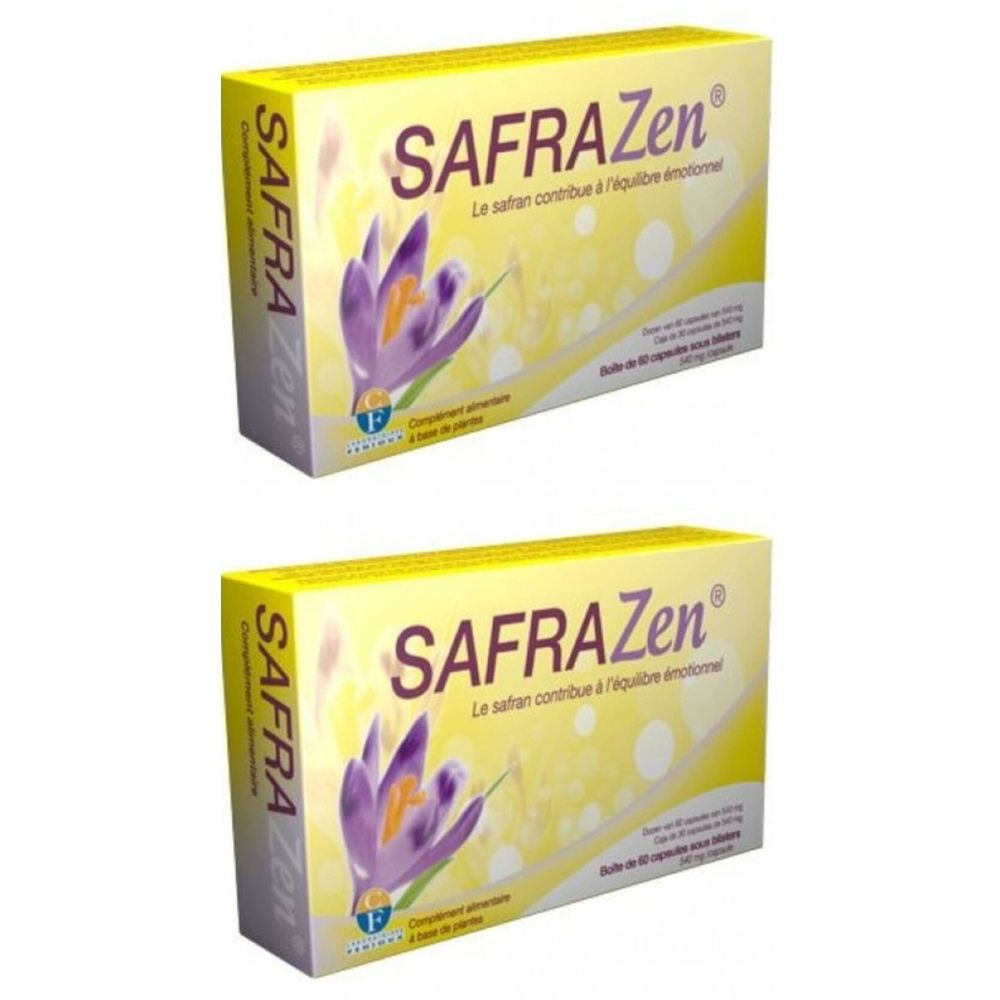 Deux boîtes jaunes SAFRAZen, logo, illustration de safran et texte. Inscription: Le safran contribue à l'équilibre émotionnel.