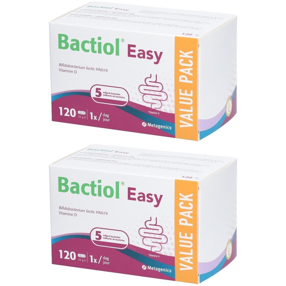Zwei Packungen Bactiol Easy. Aufschrift: 120, 5 Milliarden Bakterien, Vitamin D. Metagenics Logo. Wertpackung.