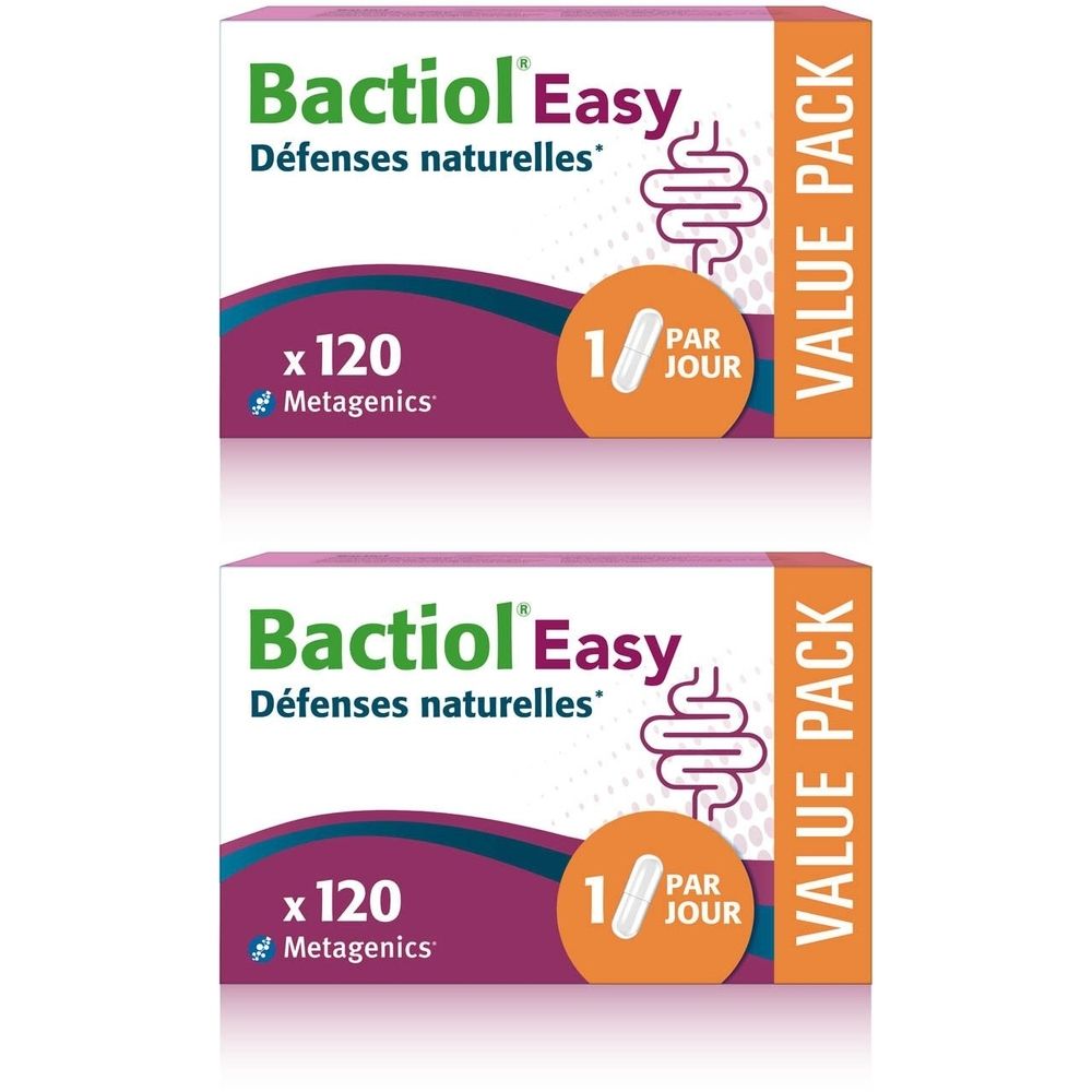 Deux boîtes de Bactiol Easy. Inscription: Défenses naturelles, x120, 1/jour. Logo Metagenics. Pack valeur.