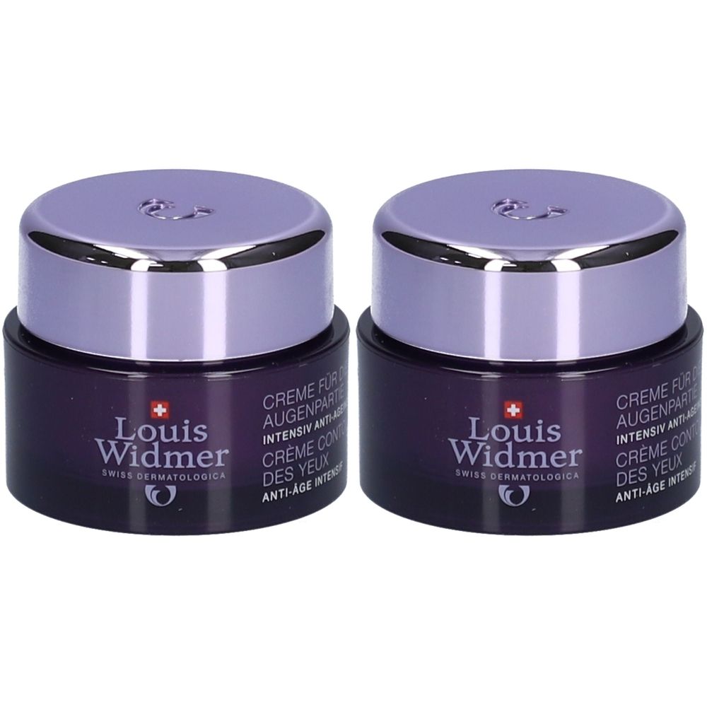 Zwei Tiegel Louis Widmer Proderm Augencreme. Dunkelviolette Gläser mit silbernen Deckeln. Aufschrift: Louis Widmer, Creme Contour des Yeux.