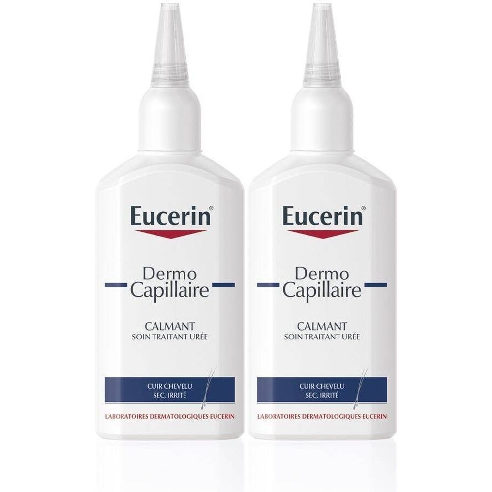 Zwei weiße Flaschen mit Applikator. Aufschrift: Eucerin DermoCapillaire, CALMANT, SOIN TRAITANT UREE. Für trockene, gereizte Kopfhaut.