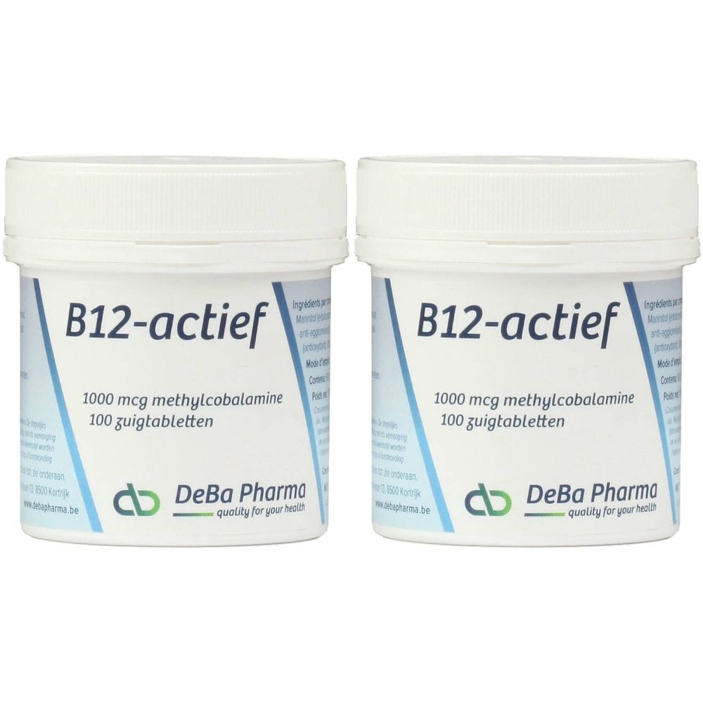 Deux pots blancs avec l'inscription B12-actief. Contient 100 comprimés à sucer. Marque DeBa Pharma.