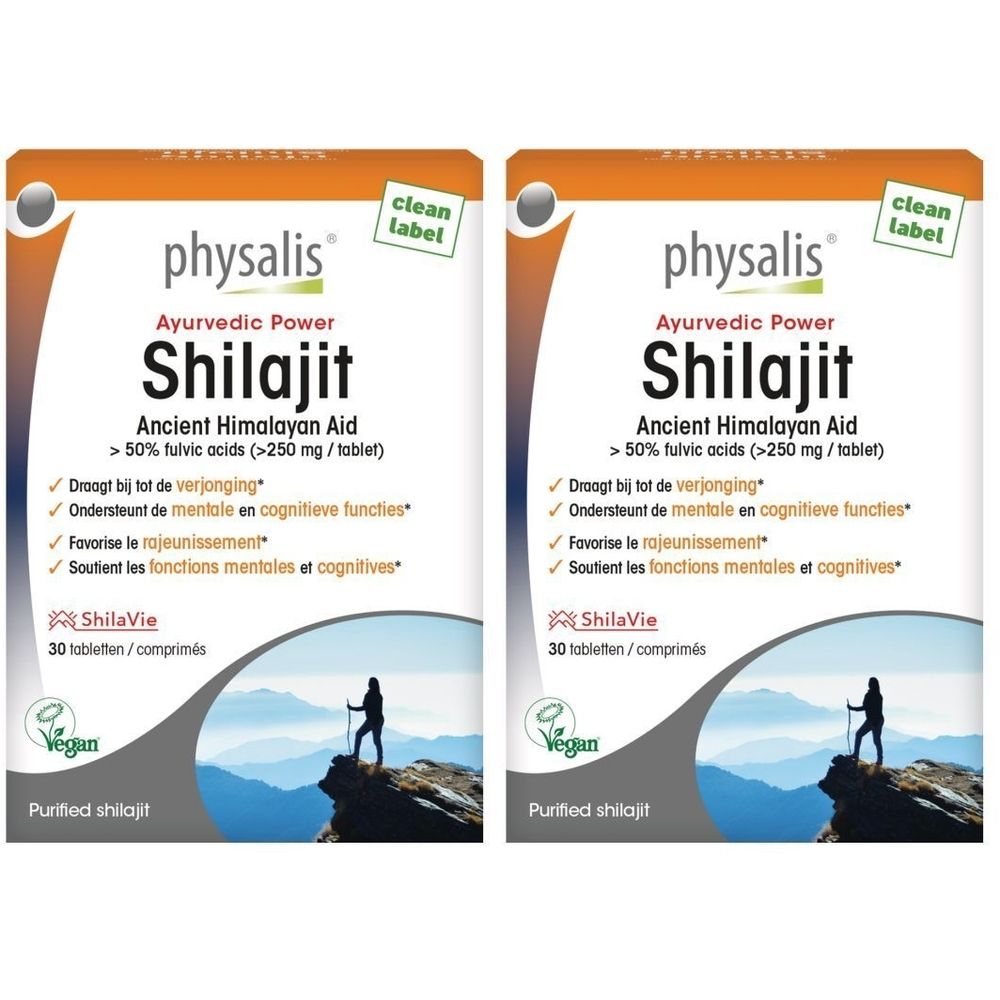 Zwei Packungen PHYSALIS® Shilajit. Weiße Tablettenpackung mit Produktnamen und Inhaltsangaben. Vegan-Siegel.