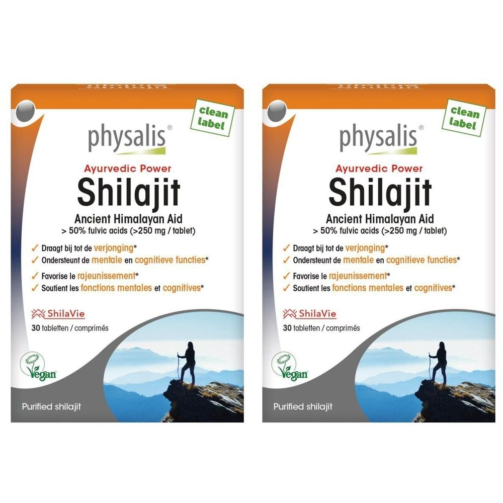 Deux boîtes de PHYSALIS® Shilajit. Emballage de comprimés blanc avec nom et informations. Label vegan.