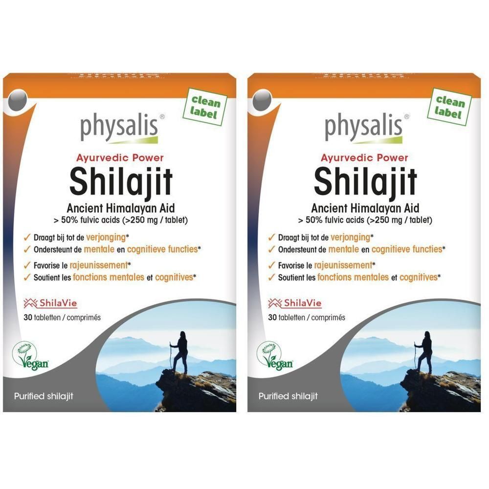 Zwei Packungen PHYSALIS Shilajit, 30 Tabletten pro Packung. Enthält 50% Fulvinsäuren.