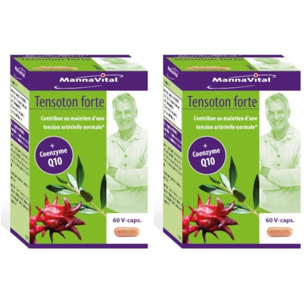 Zwei Schachteln Mannavital Tensoton Forte. Grün-violette Verpackung mit Produktnamen, Q10 und Abbildung einer Person.