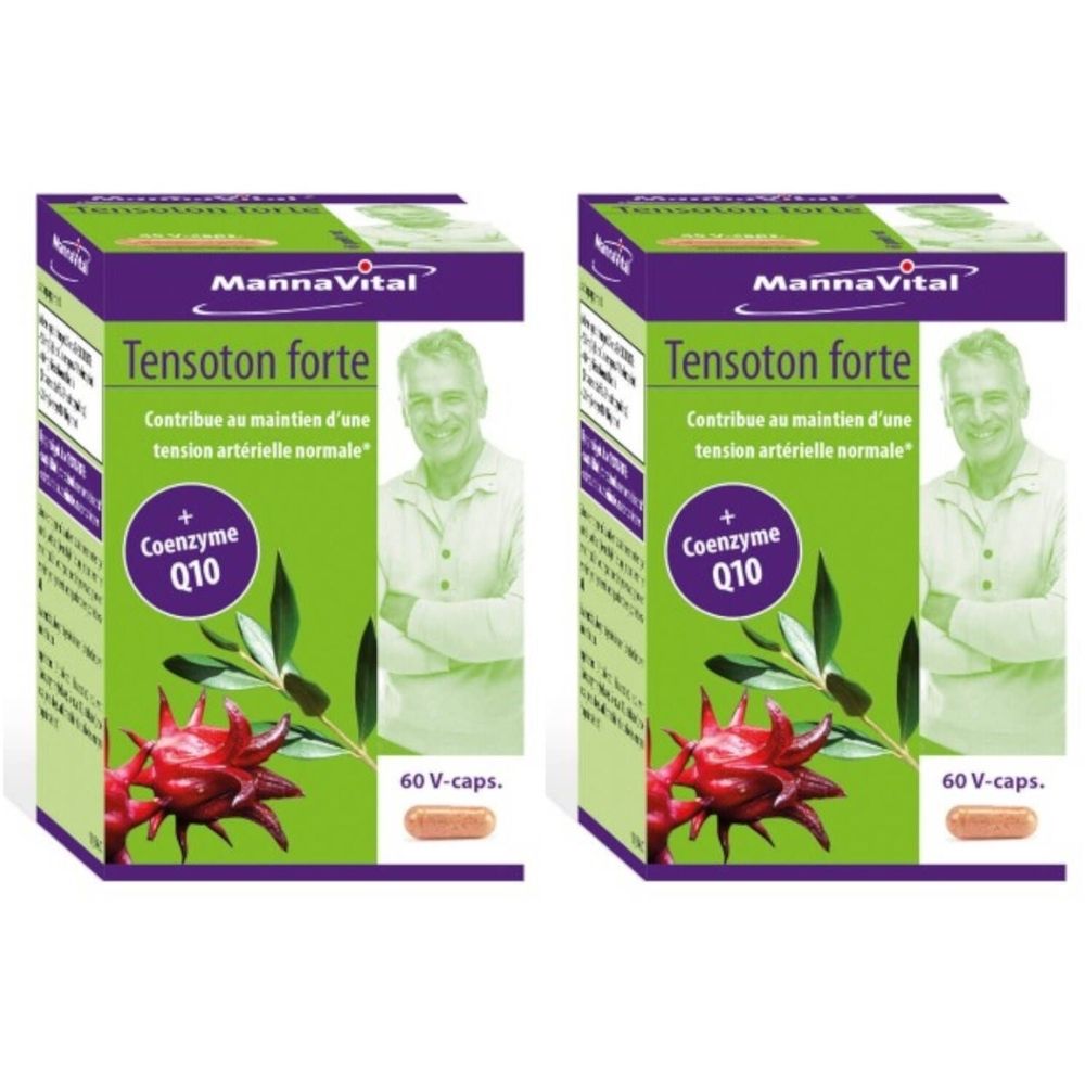 Deux boîtes de Mannavital Tensoton Forte. Emballage vert et violet avec nom du produit, Q10 et image d'une personne.